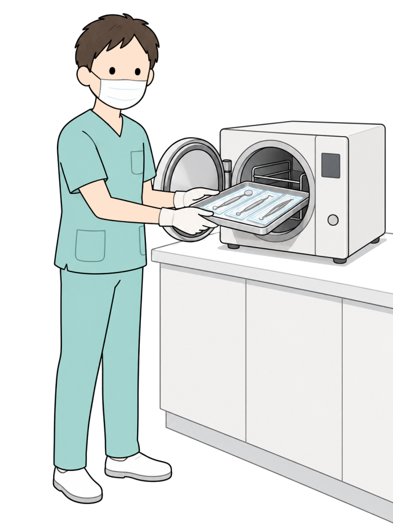 Dental staff loading prepared instruments into a sterilizer