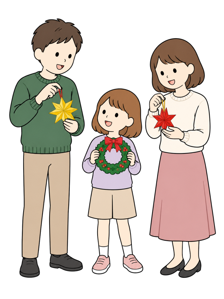 A man, a woman and a girl share their finished paper stars and wreath, holding them up to one another.