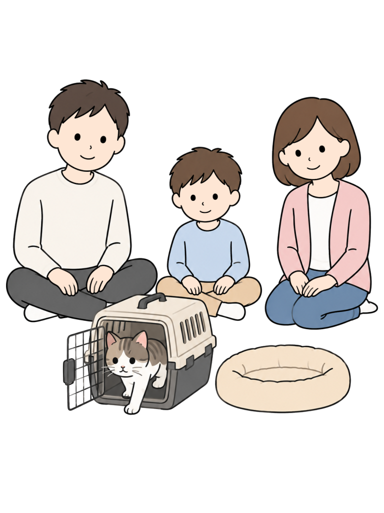 Family opening a carrier and waiting for their adopted cat to emerge
