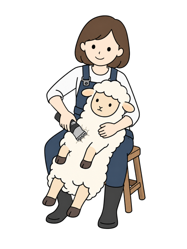 A seated worker supports a sheep and shears its fleece with clippers.