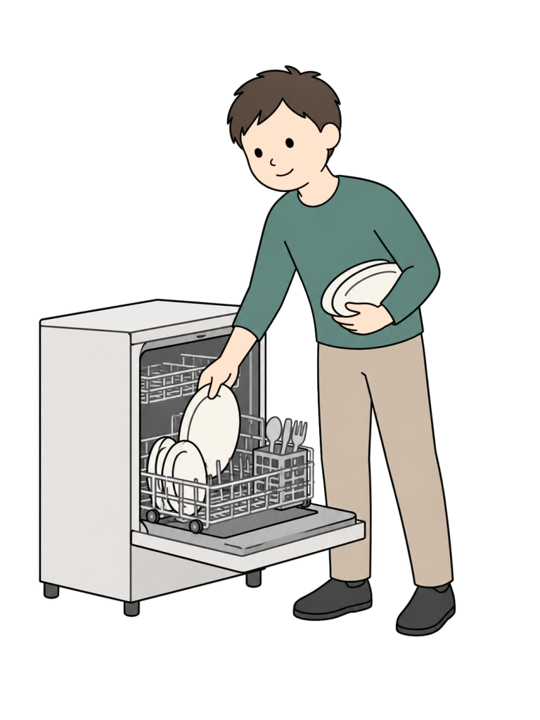 Father loading dishes into a dishwasher