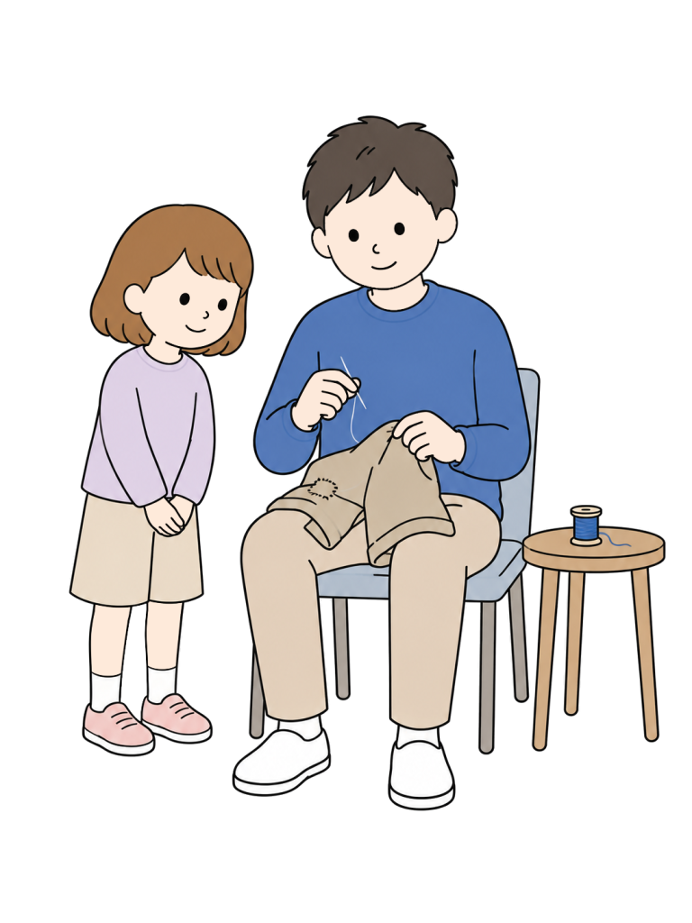 Father mending a childs clothing