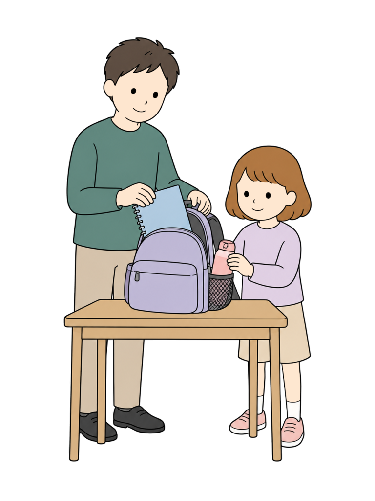 Father packing school supplies with a child