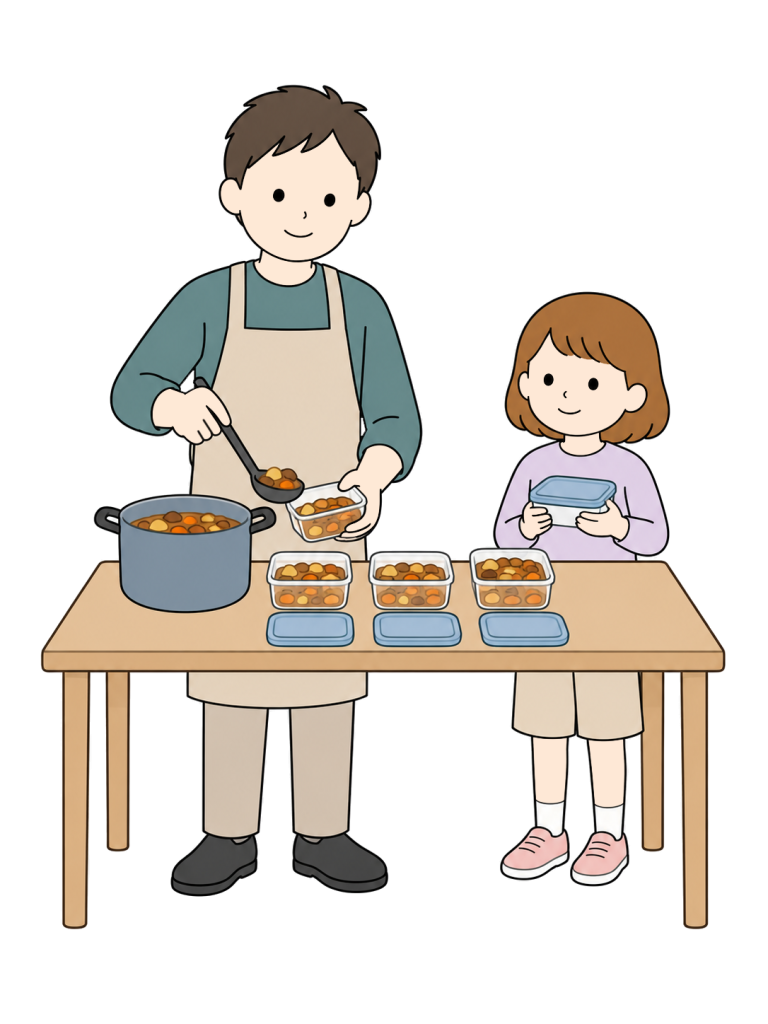 Father portioning family meals into storage containers