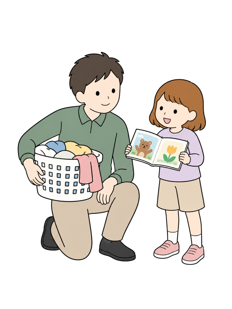 Father responding to his child while doing laundry