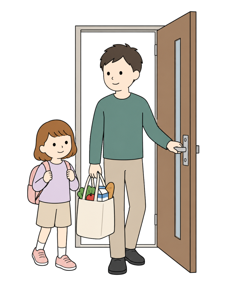 Father returning home with a child and shopping bags
