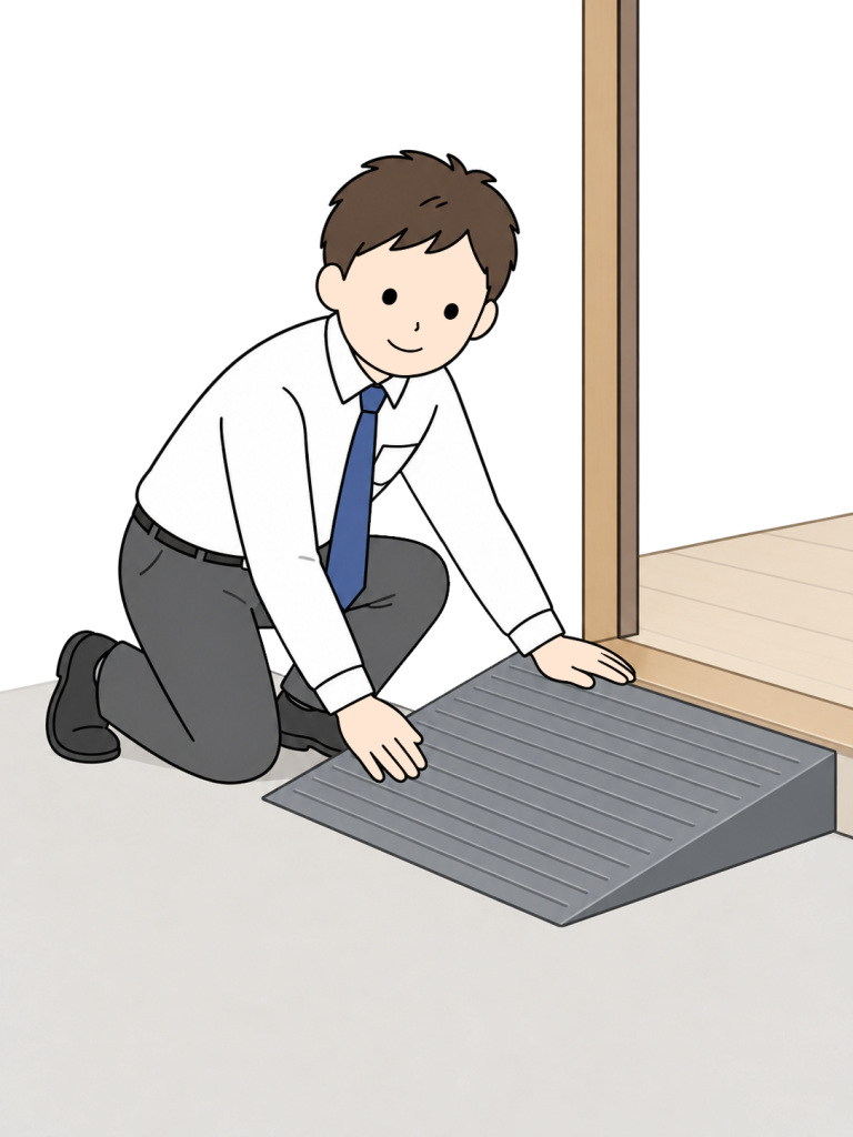 A man kneels beside a low entrance threshold and positions a broad ramp with both hands.