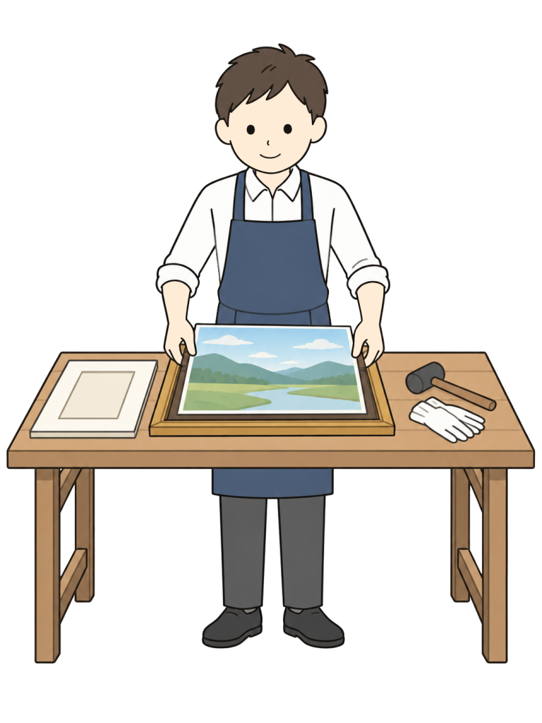 A framer places a painting in a frame at a workbench.
