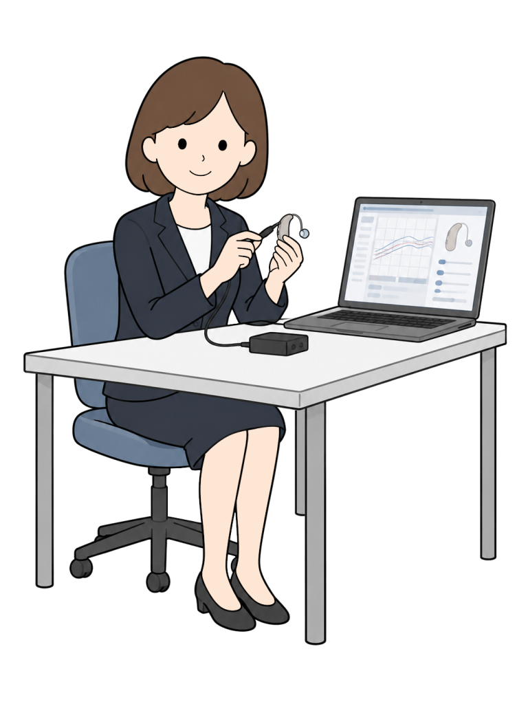 Hearing aid specialist adjusting a hearing aid