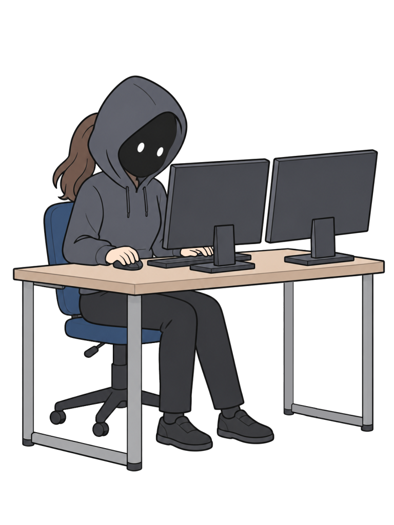 Hooded person operating multiple monitors