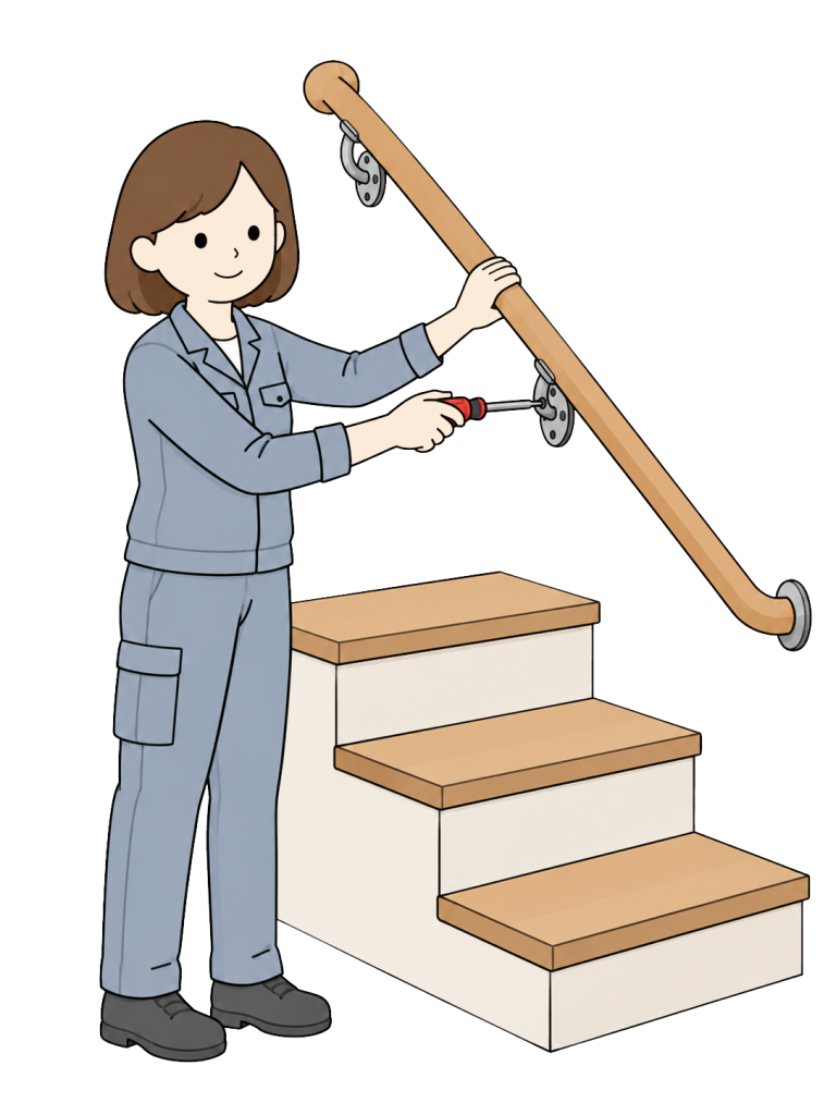 A woman in work clothes supports a handrail beside stairs and applies a screwdriver to one of its brackets.