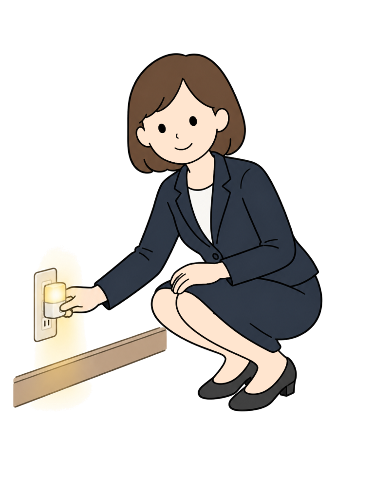 A woman crouches beside a wall and fits a small night light into a low electrical socket.