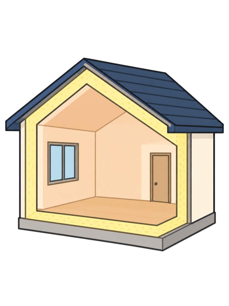 簡略化した住宅の一部断面に、屋根・壁・床へつながる黄色い断熱層が描かれている。