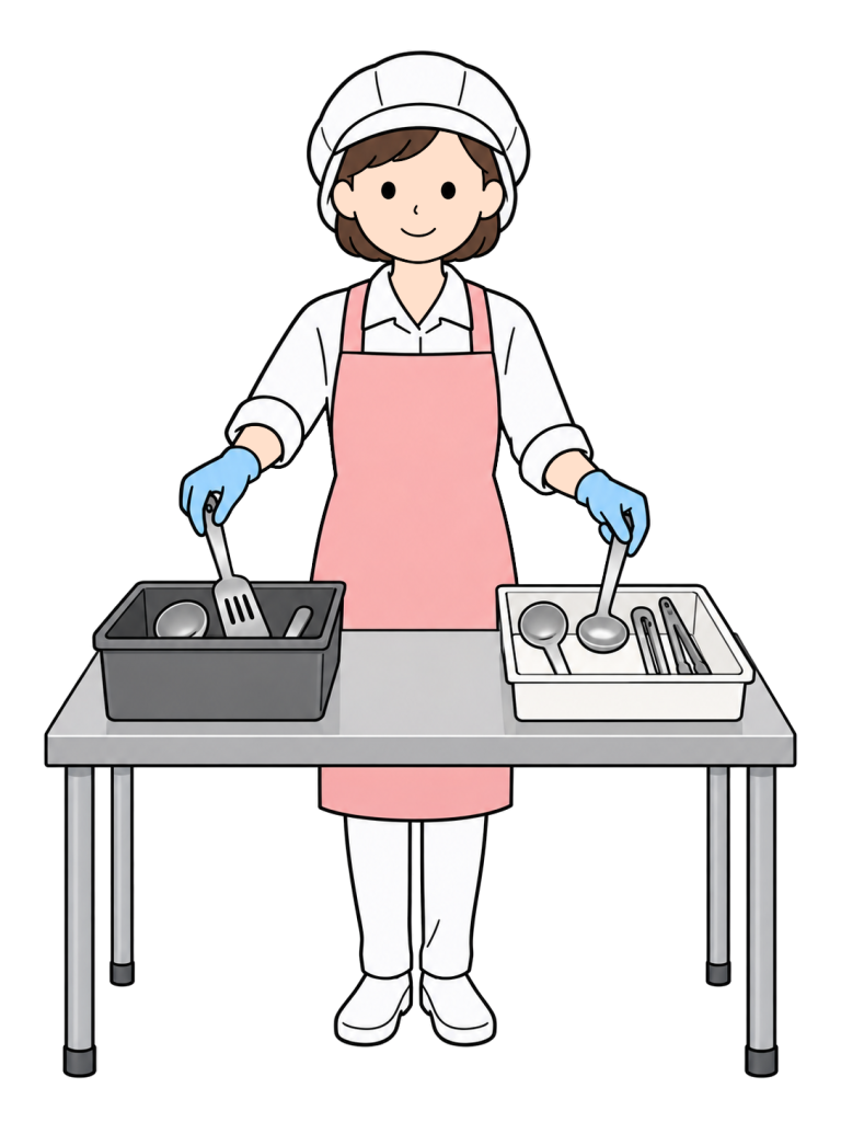 A kitchen worker wearing a cap and gloves changes utensils between two trays placed apart on a counter.