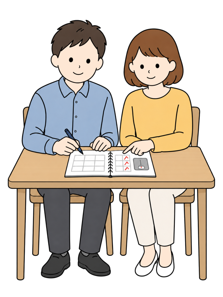 A man and woman sit together at a desk with a log showing a scale icon and check marks.