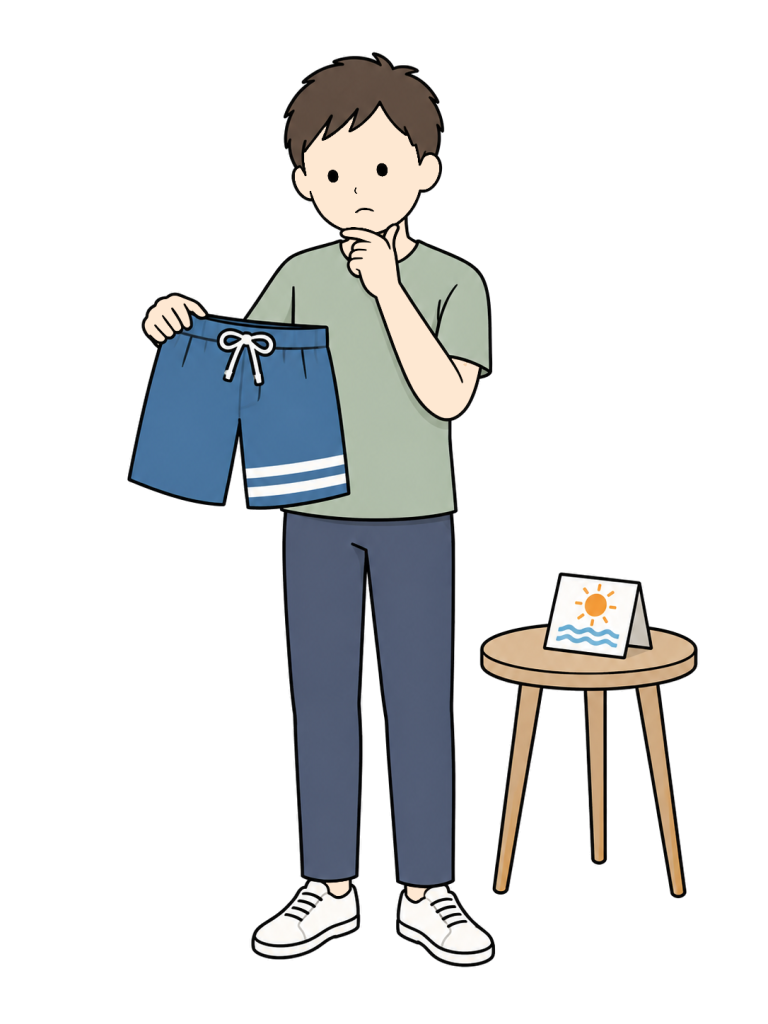 A man thinks while holding swim shorts, with a sun-and-waves card nearby.