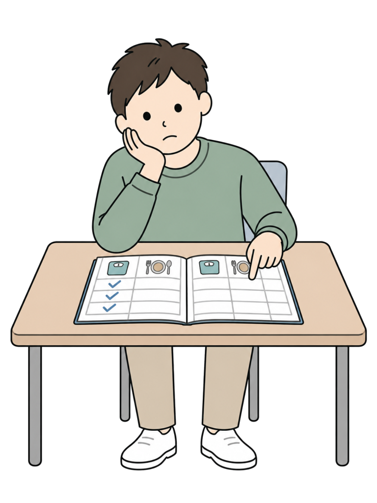 A man looks disappointed at a weight and meal log with unfilled sections.