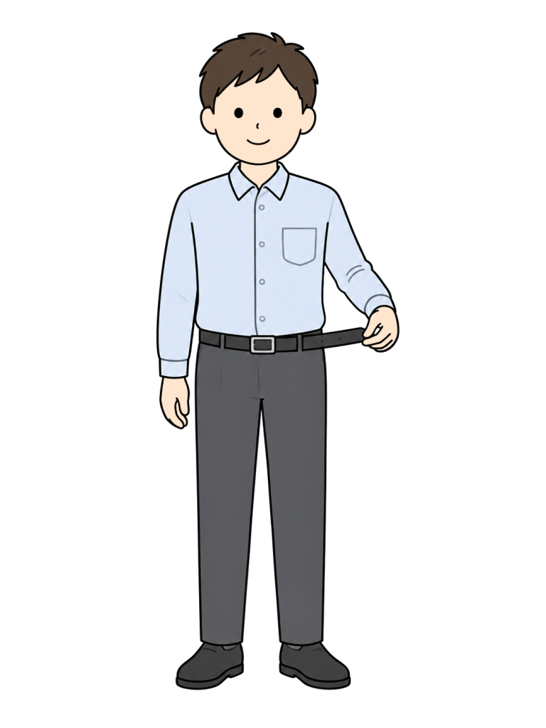 A smiling man pulls the end of his belt to check its fit.