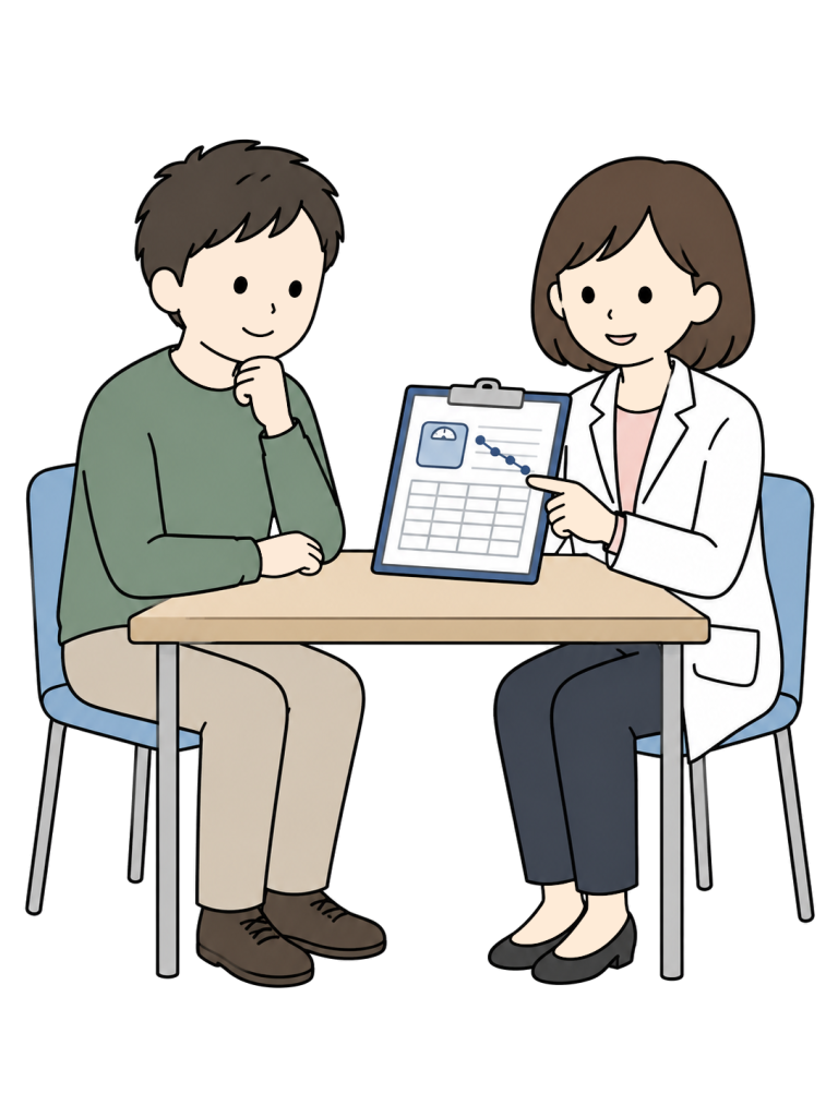 A man and a woman in a white coat sit across a desk and review a weight record.