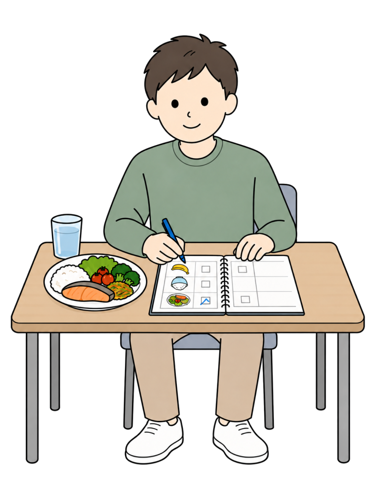 男性が食事の皿の隣に記録帳を開き、ペンを持っている。