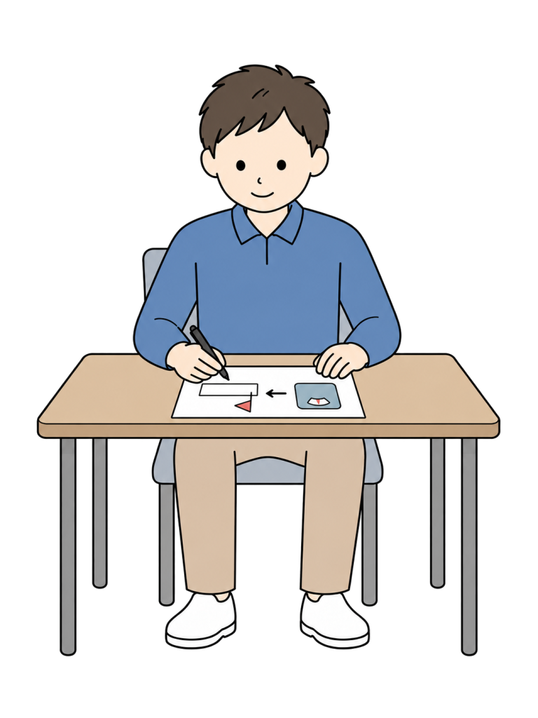 男性が体重計と目標を示す図のある計画表にペンを添えている。