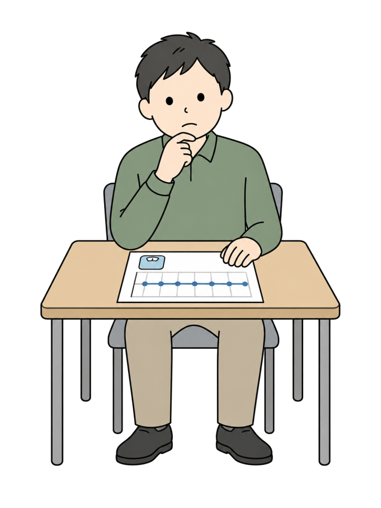 男性が机に座り、横ばいの線が描かれた体重記録を見ながら考えている。