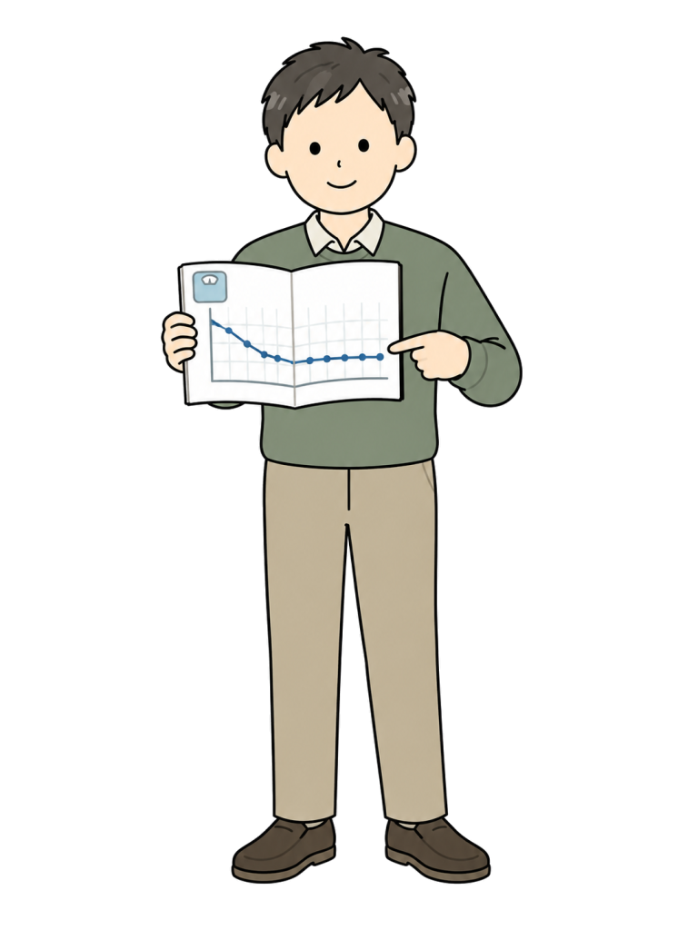 A smiling man points to a weight chart that declines and then levels off.