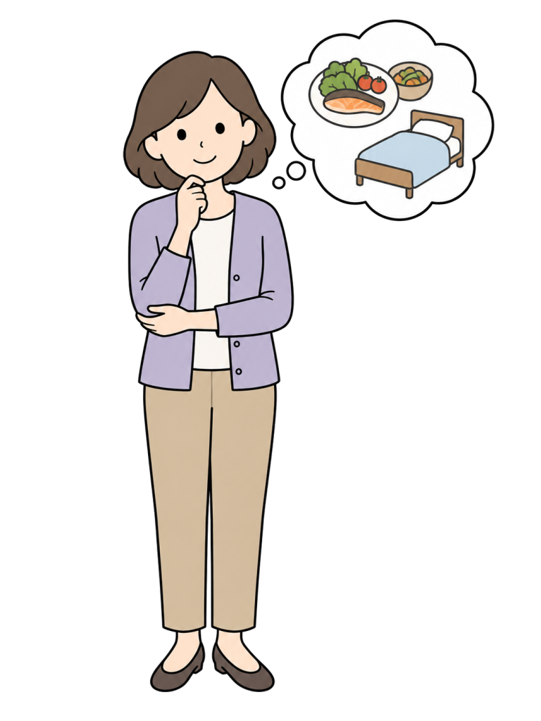 A woman imagines a meal and rest in a thought bubble.