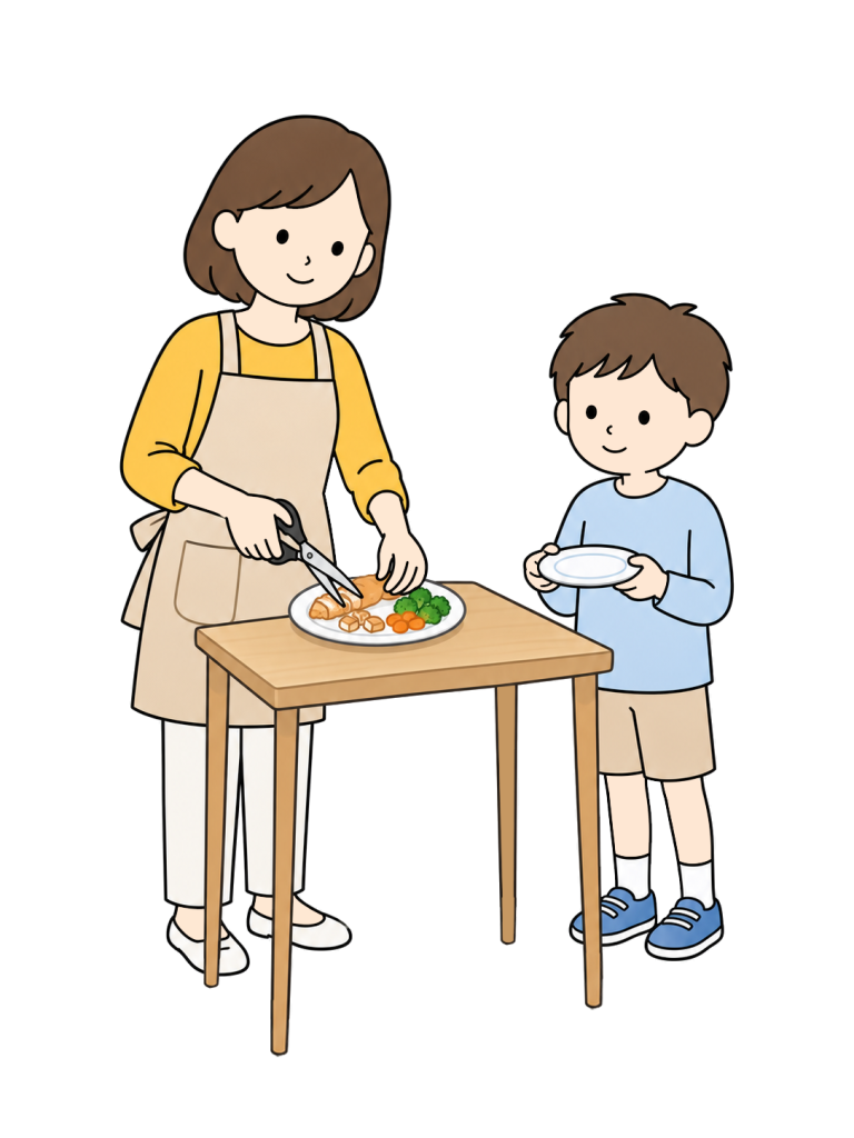 Mother cutting food into child sized pieces