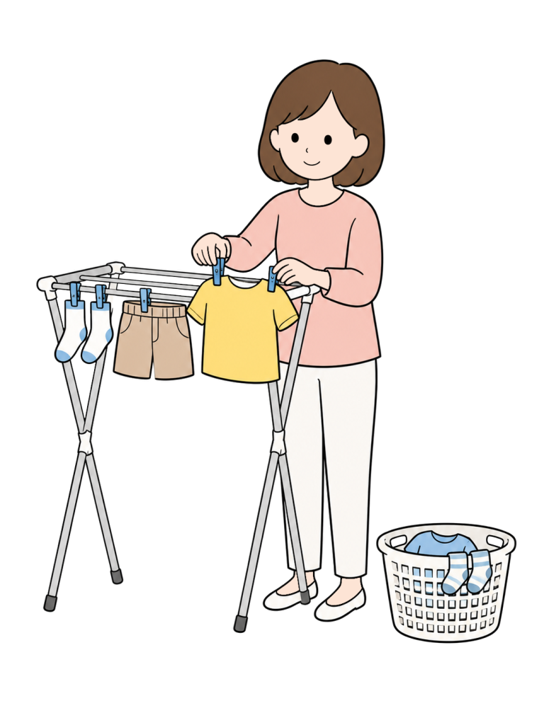 Mother hanging a childs laundry