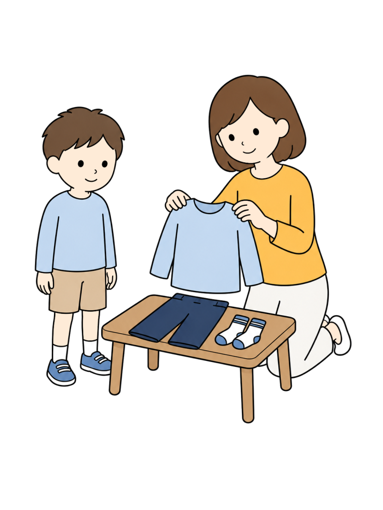 Mother laying out a childs clothes for tomorrow
