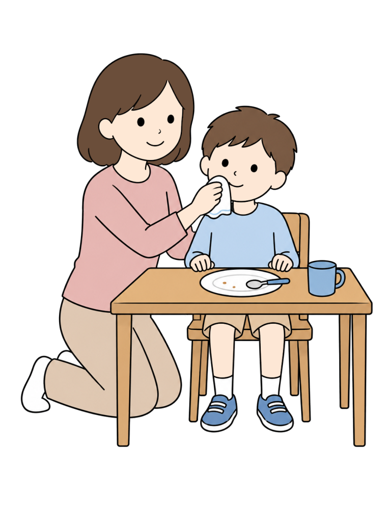 A mother wipes a boy's mouth with a cloth after a meal. A plate, spoon and cup sit on the table.