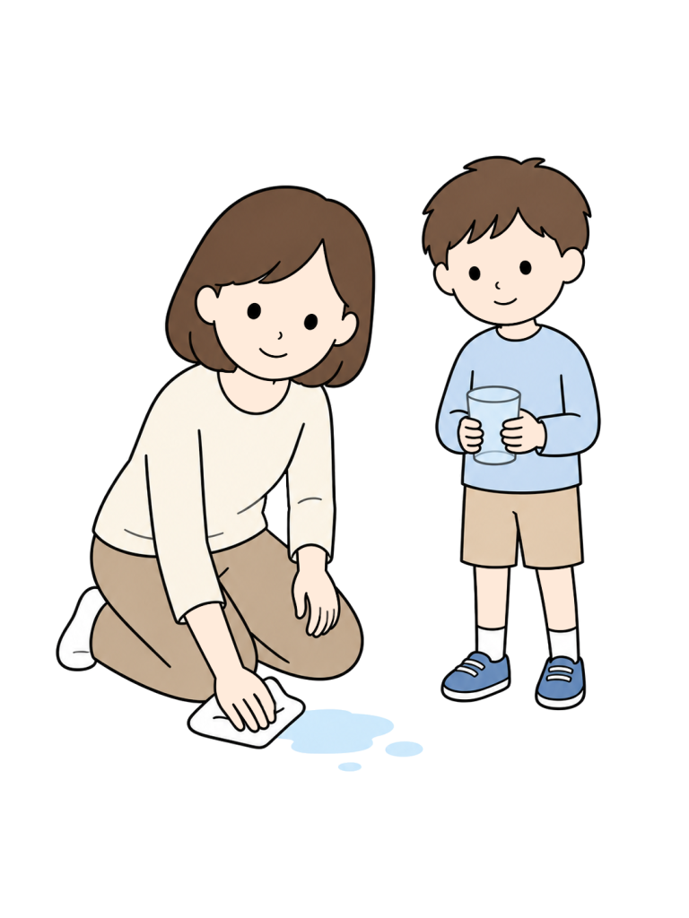 Mother wiping up a childs spilled drink