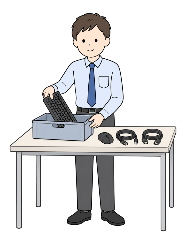 Office worker collecting unused computer accessories