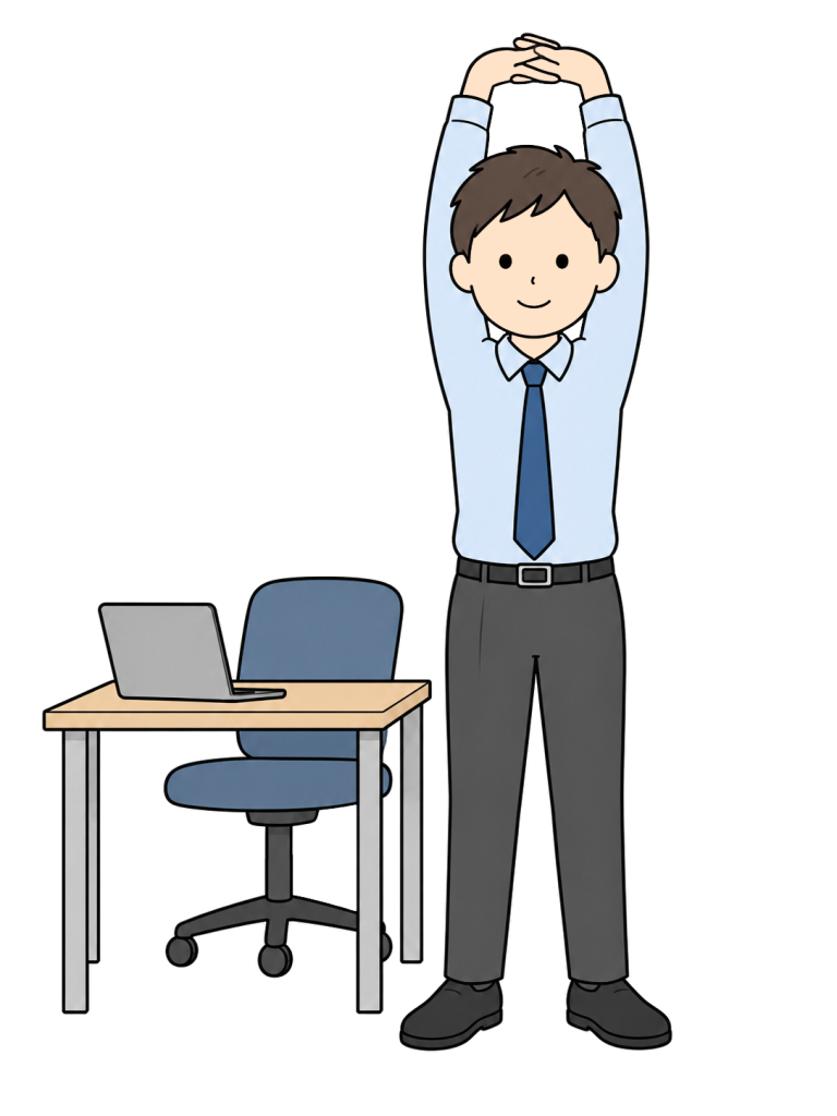Office worker stretching up beside a desk