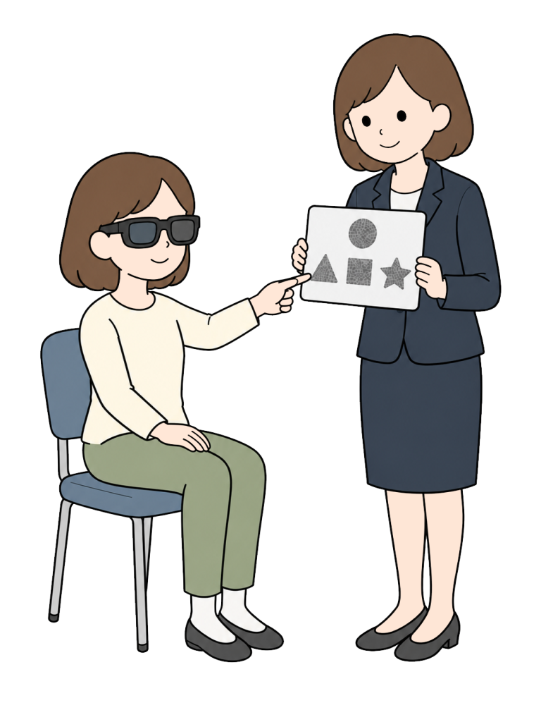 An orthoptist shows a test card with shapes to a person wearing glasses.