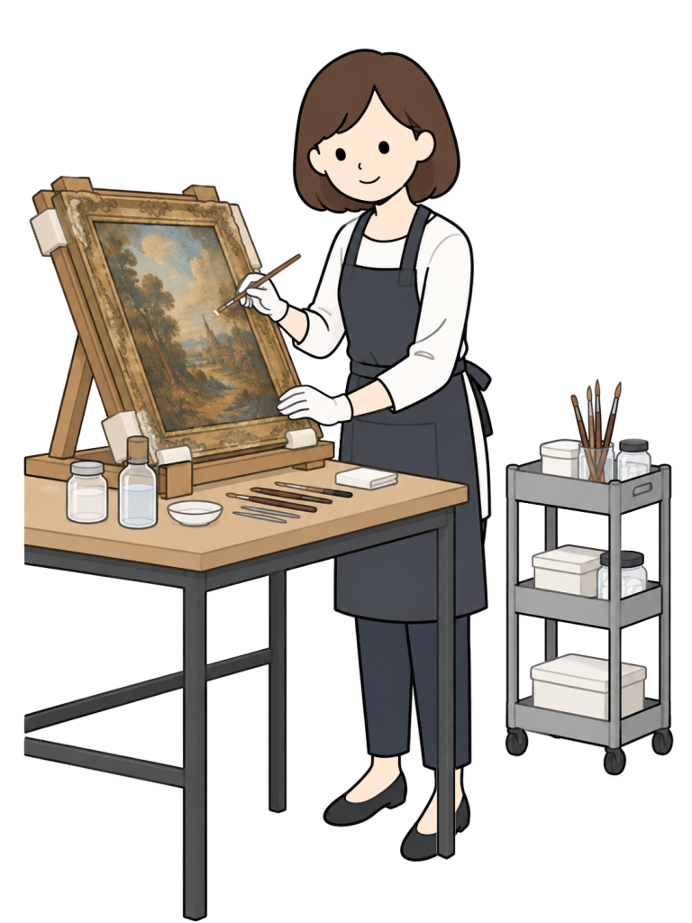 A conservator uses a fine brush on an old painting supported at a workbench.