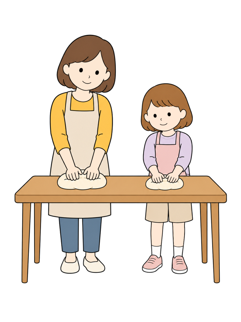 Parent and child kneading bread dough