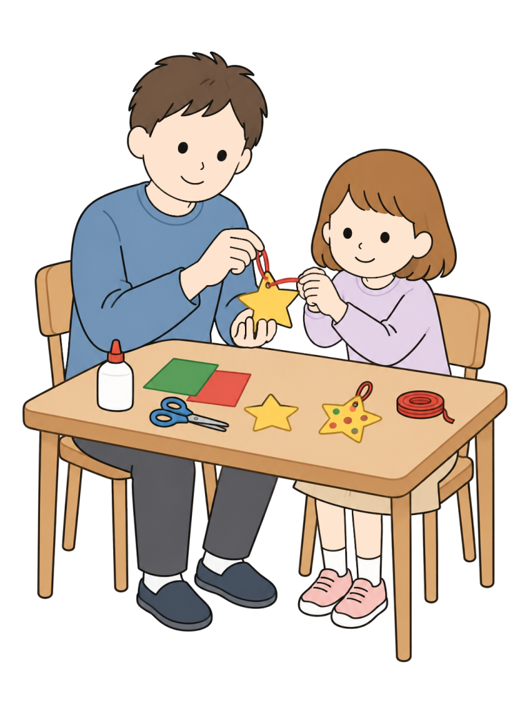 A man and a girl attach a hanging cord to a paper star ornament at a table with paper, glue and scissors.