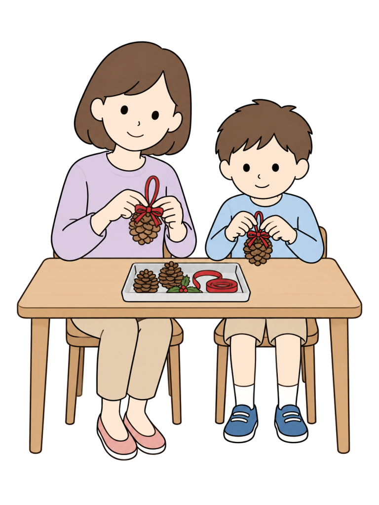 女性と男の子が机を囲み、赤いリボンを付けた松ぼっくり飾りを手にしている。机には松ぼっくりやリボンがある。