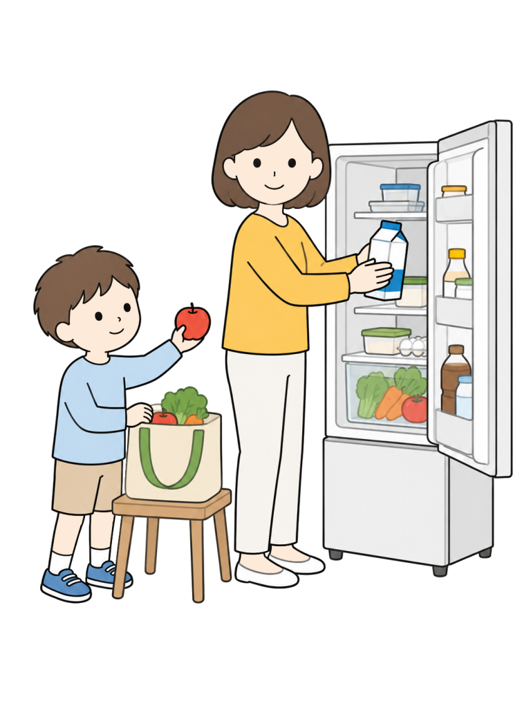 Parent and child putting groceries away