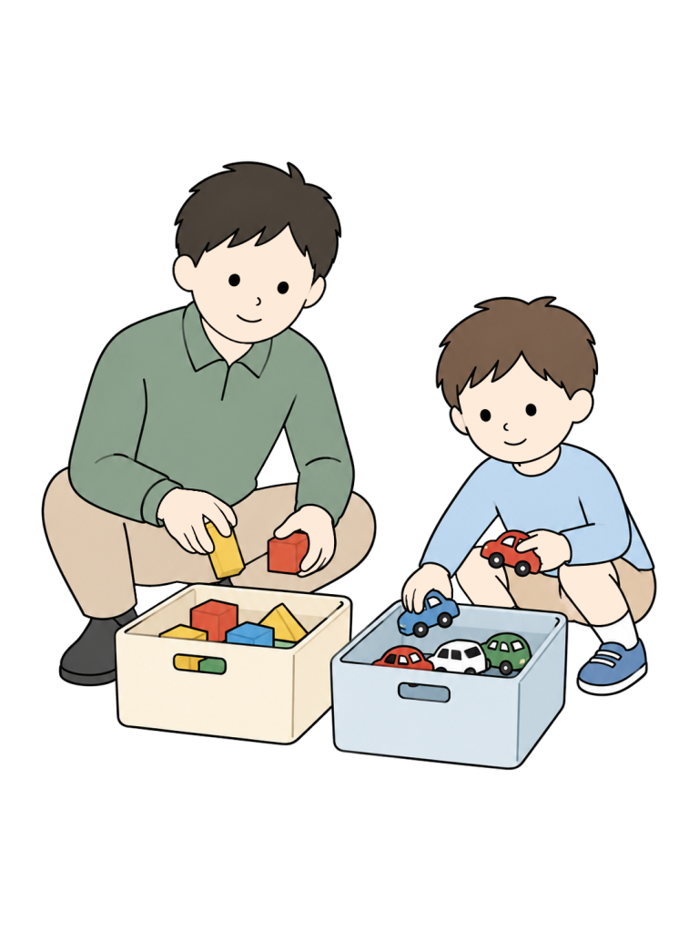 Parent and child sorting toys into storage boxes