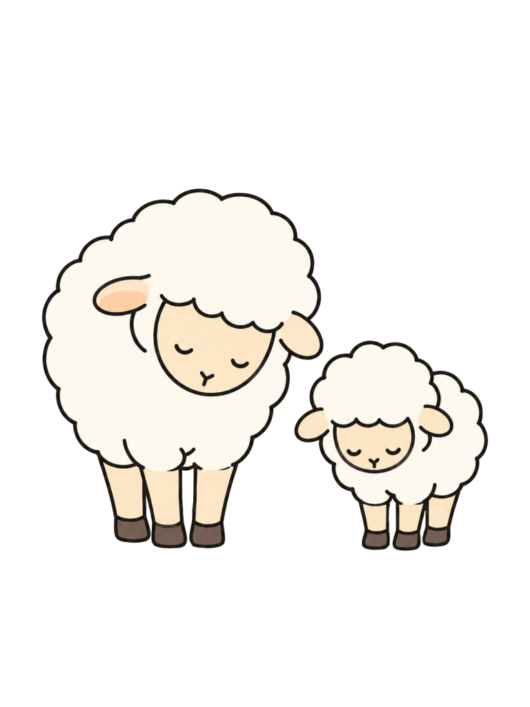 A large sheep and a small lamb bow side by side.
