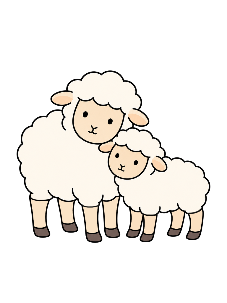 A large sheep and a small lamb stand close together.