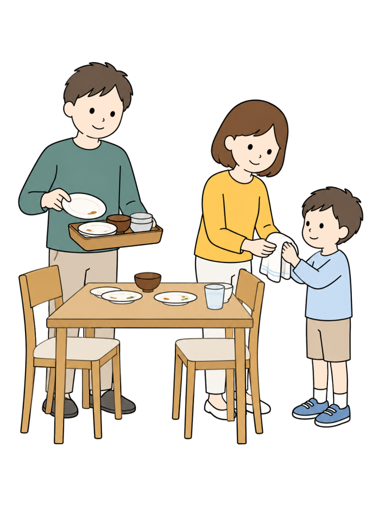 Parents sharing after meal cleanup and childcare