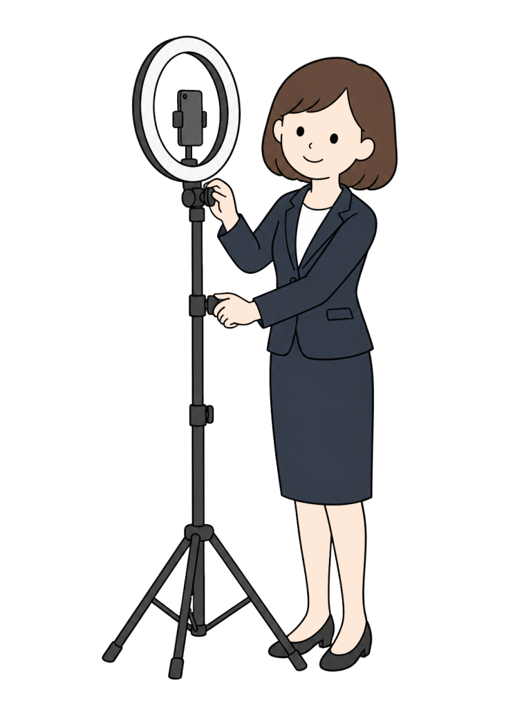 A woman adjusts the support column and tilt joint of a ring light on a stand, with a smartphone mounted inside the ring.