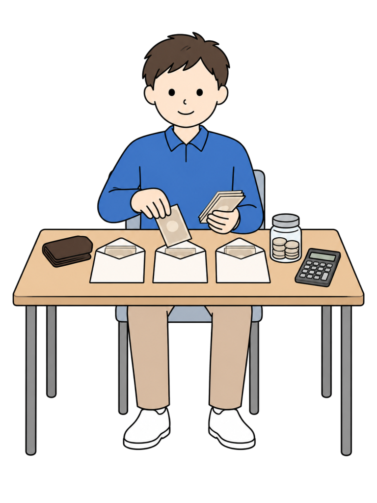 A man divides cash among three envelopes for living costs, savings and reserves.