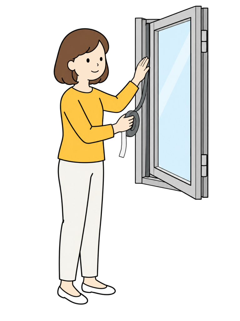 Person applying weatherstripping to a window