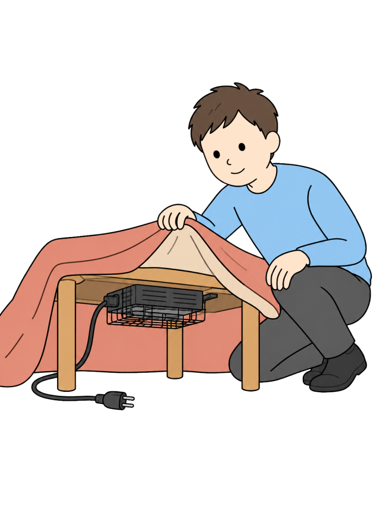Person checking clearance between a kotatsu heater and blanket