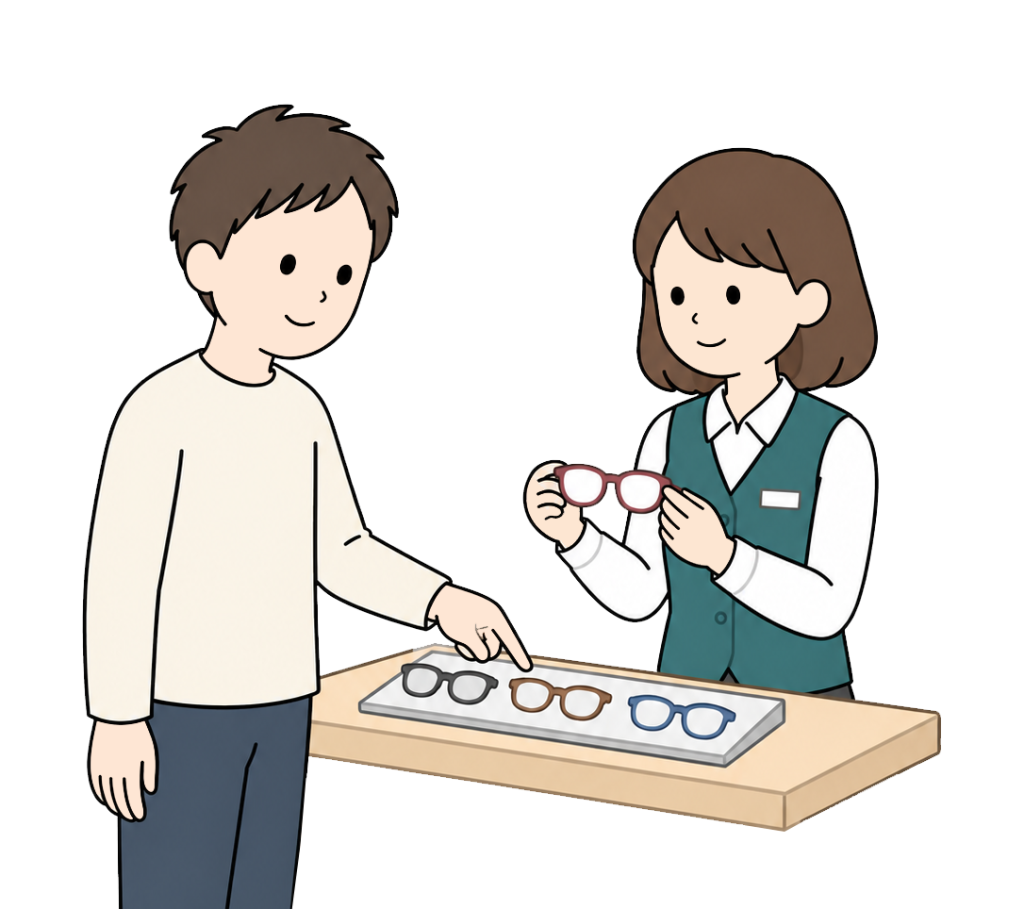 Person choosing glasses with a store clerk